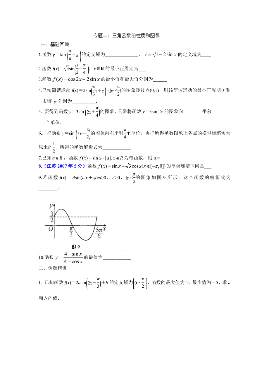 江苏省南京六中2013届高三数学 专题二：三角函数的性质和图像 学案.doc_第1页