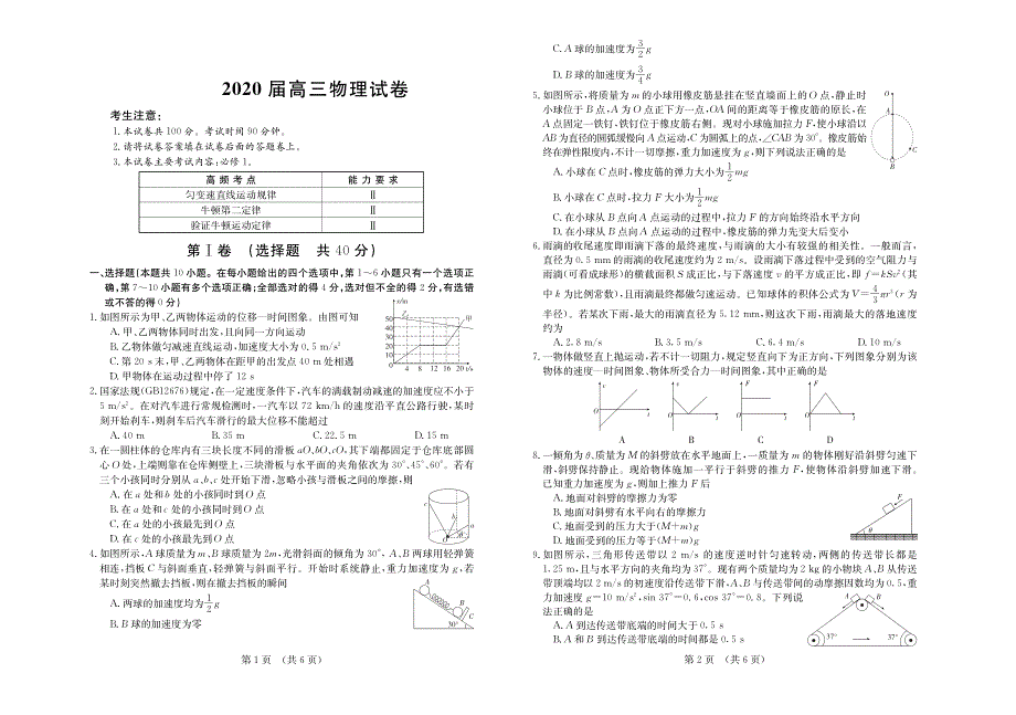 河北深州市中学2020届高三第四次月考物理试卷 PDF版含答案.pdf_第1页