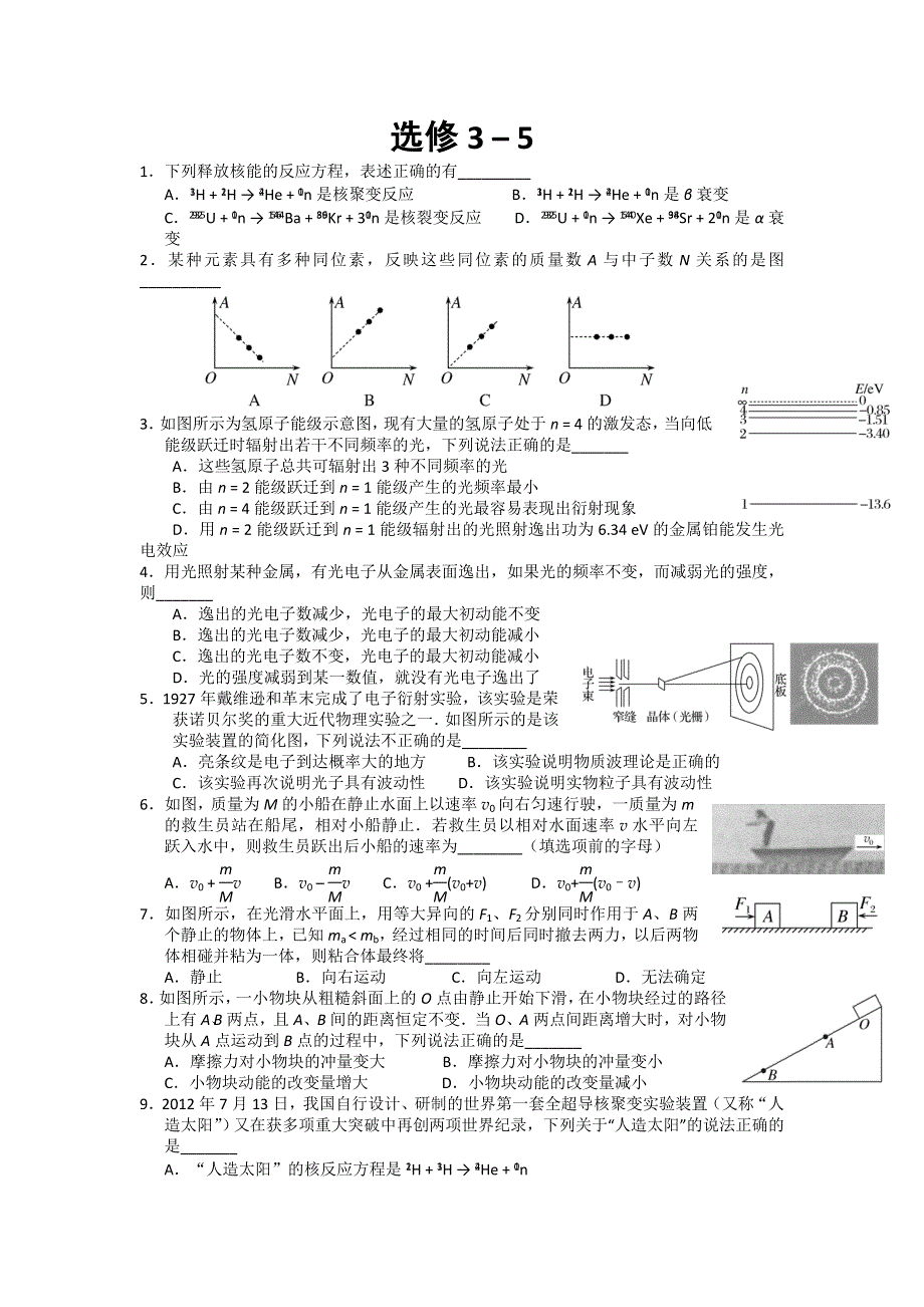 江苏省南京化学工业园区2014届高考物理复习专题训练-选修3-5.doc_第1页