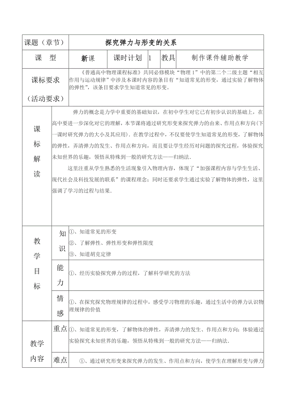 2012高一物理教案 3.1 探究弹力与形变的关系 （粤教版必修1）.doc_第1页