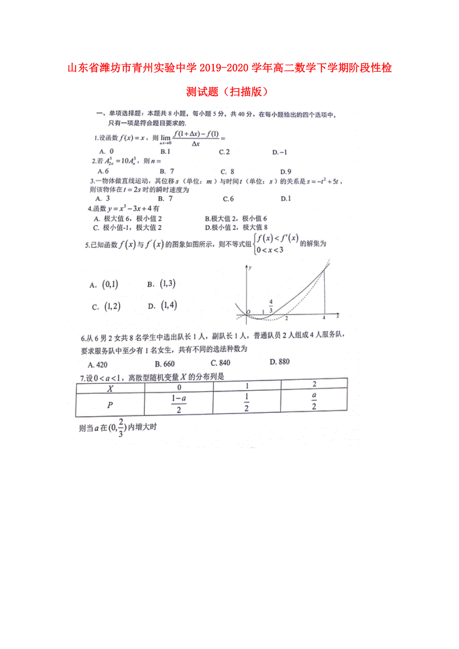 山东省潍坊市青州实验中学2019-2020学年高二数学下学期阶段性检测试题（扫描版）.doc_第1页