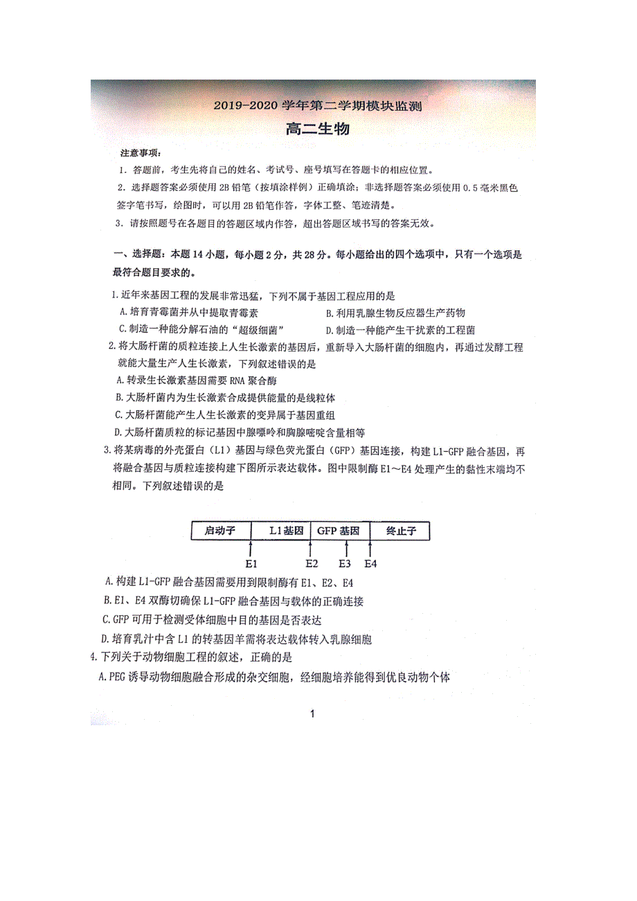 山东省潍坊市青州实验中学2019-2020学年高二下学期阶段性检测生物试题 扫描版含答案.doc_第1页