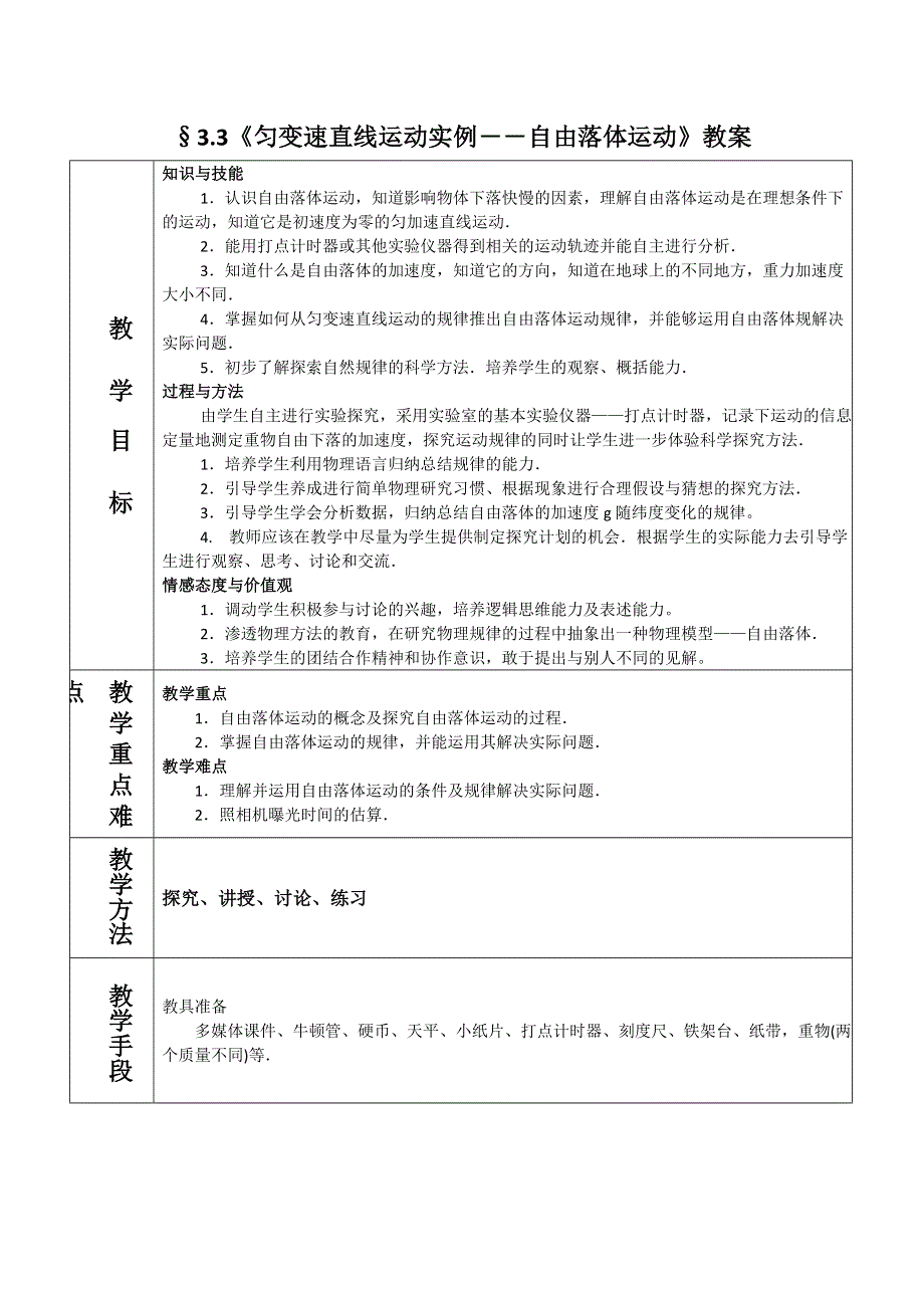 2012高一物理教案 3.3 匀变速直线运动实例——自由落体运动 2（鲁科版必修1）.doc_第1页