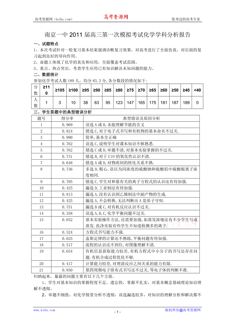 江苏省南京市2011届高三一模化学学科分析报告南京一中.doc_第1页