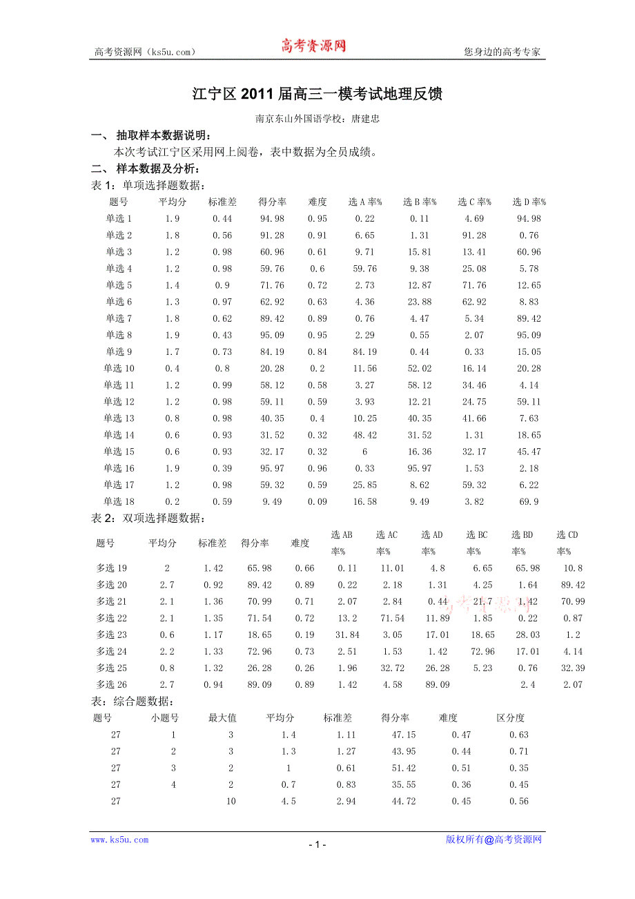 江苏省南京市2011届高三一模地理调研反馈江宁区.doc_第1页