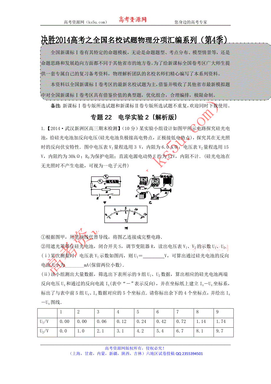 2014届高三名校物理试题解析分项汇编（新课标Ⅰ版）（第04期）专题22 电学实验2（解析版）WORD版含解析.doc_第1页