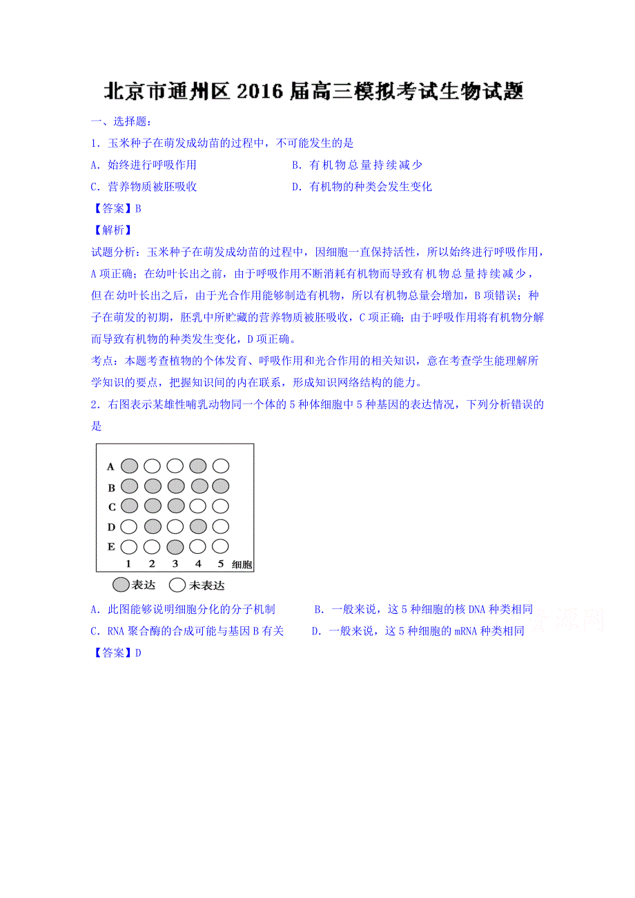 北京市通州区2016届高三模拟考试理综生物试题 WORD版含解析.doc_第1页