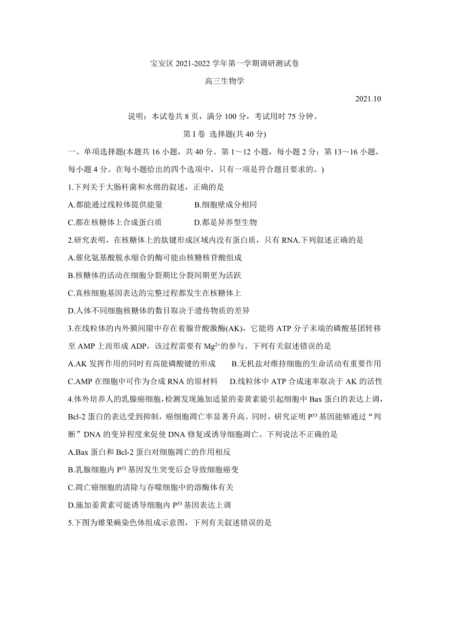 广东省深圳市宝安区2022届高三上学期10月调研测试 生物 WORD版含答案BYCHUN.doc_第1页