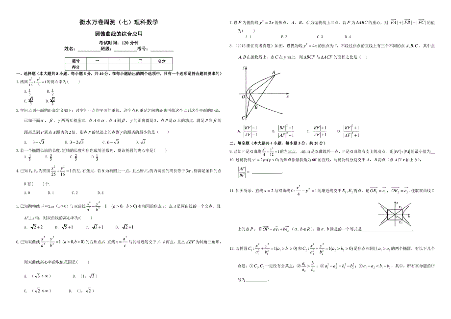 （衡水万卷）2016届高三数学（理）二轮复习高考周测卷（七）圆锥曲线的综合应用 WORD版含解析.doc_第1页