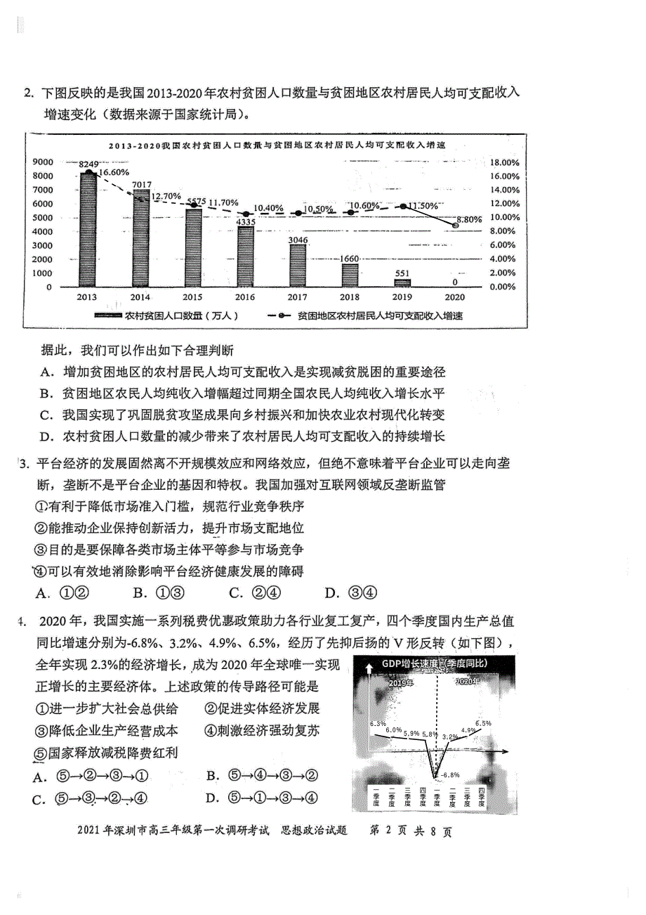 广东省深圳市2021届高三下学期第一次调研（3月）考试政治试题 PDF版含答案.pdf_第2页