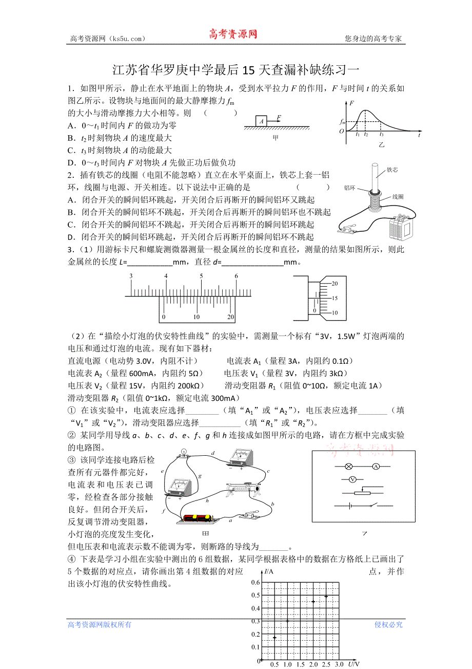 江苏省华罗庚中学2012年5月高考最后15天查漏补缺练习（一物理）.doc_第1页