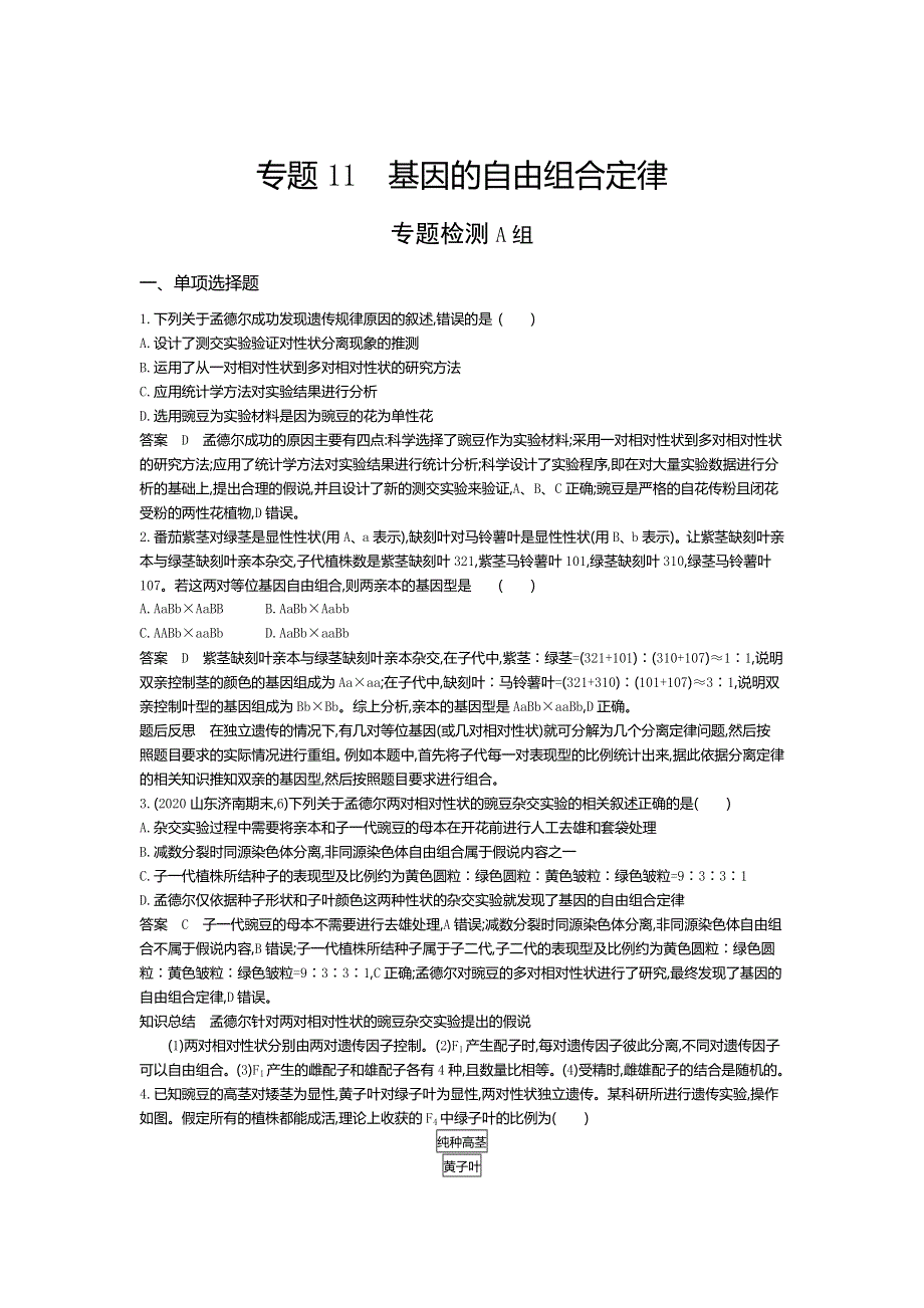 2022版高考生物选考（江苏专用）一轮总复习集训：专题11基因的自由组合定律 专题检测 WORD版含解析.docx_第1页