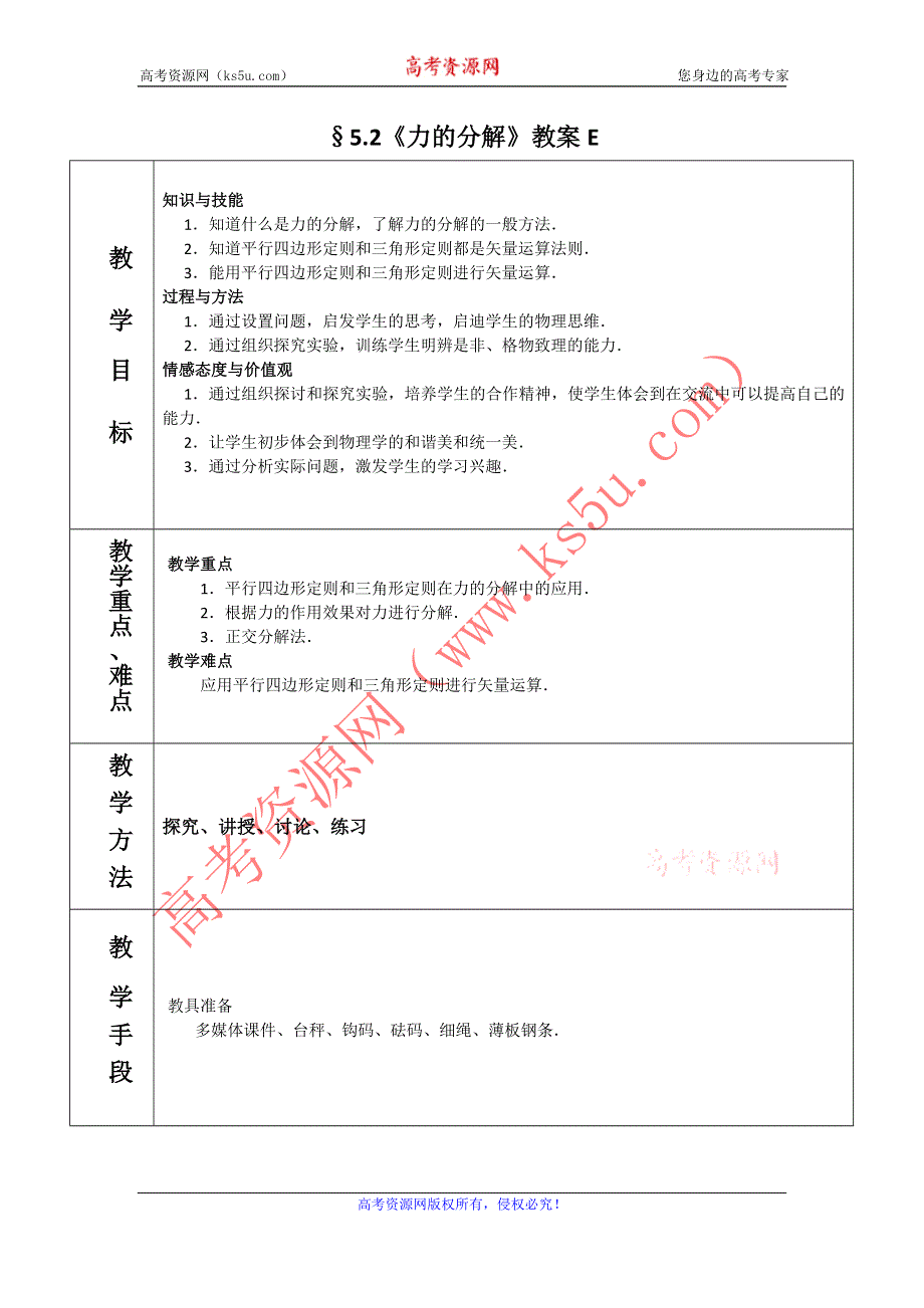 2012高一物理教案 5.2 力的分解 2（鲁科版必修1）.doc_第1页