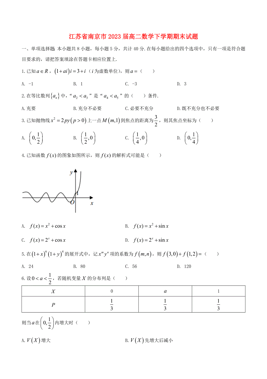 江苏省南京市2023届高二数学下学期期末试题（无答案）.doc_第1页