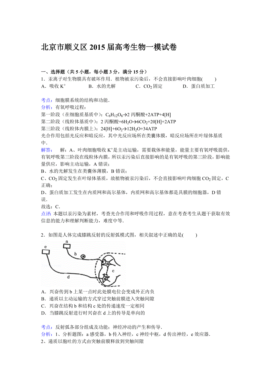 北京市顺义区2015届高三上学期第一次模拟生物试卷 WORD版含解析.doc_第1页