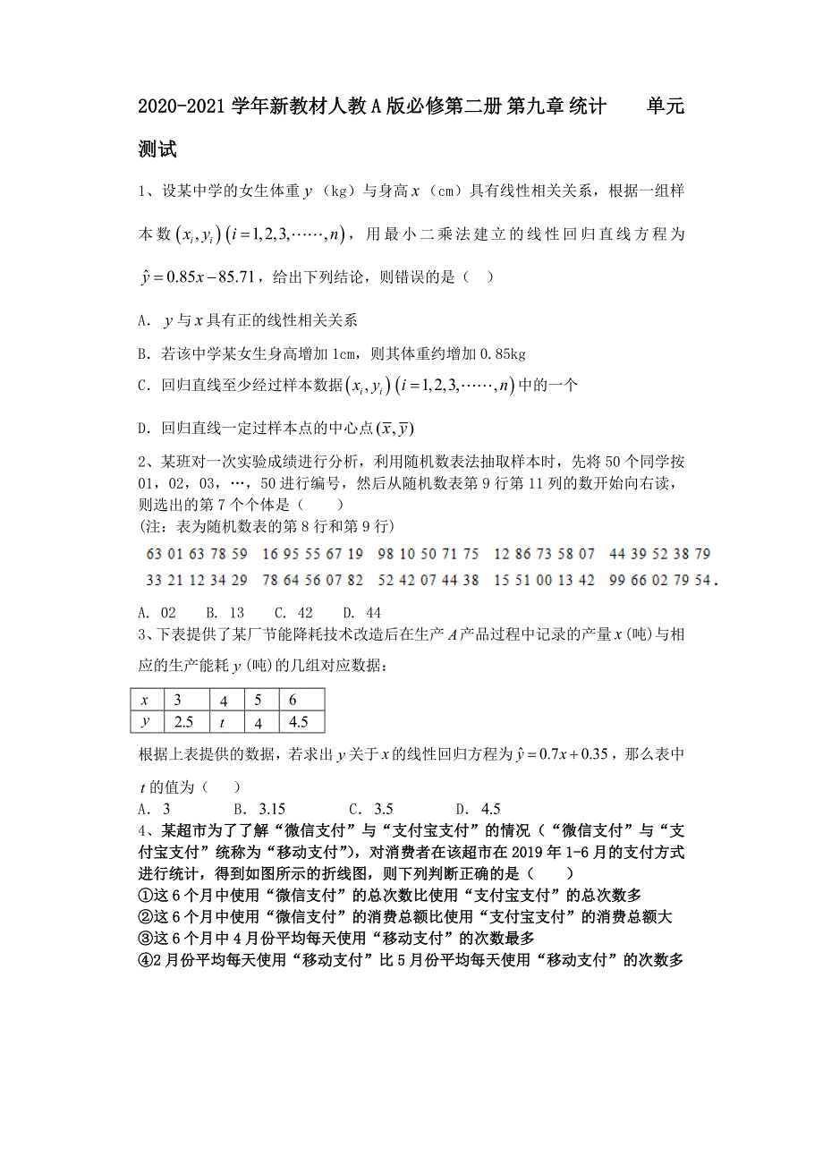 2021-2022学年新教材人教A版(2019)必修第二册 第九章 统计2 单元测试 WORD版含解析.doc_第1页