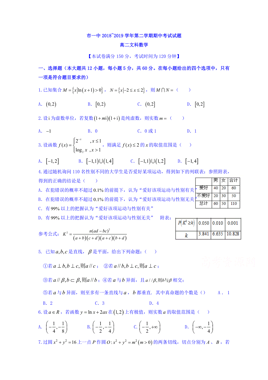 内蒙古鄂尔多斯市第一中学2018-2019学年高二下学期期中考试数学（文）试题 WORD版含答案.doc_第1页