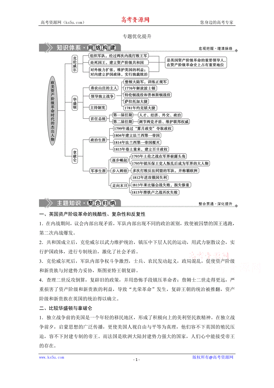 2019-2020学年历史 人民版选修4学案：专题三欧美资产阶级革命时代的杰出人物 优化提升 WORD版含解析.doc_第1页