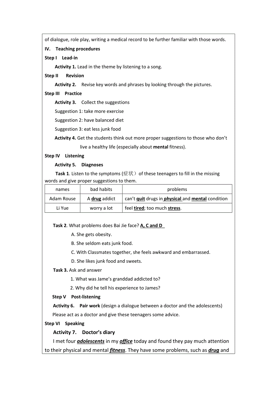 《名校推荐》宁夏银川唐徕回民中学高二英语选修六《UNIT 3 A HEALTHY LIFE》教学设计1 .doc_第2页