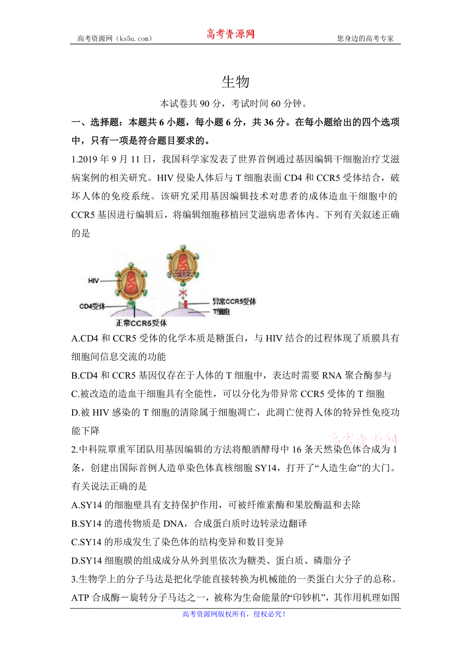 山东省烟台市中英文学校招聘教师能力测试（二）生物试卷 WORD版含答案.doc_第1页