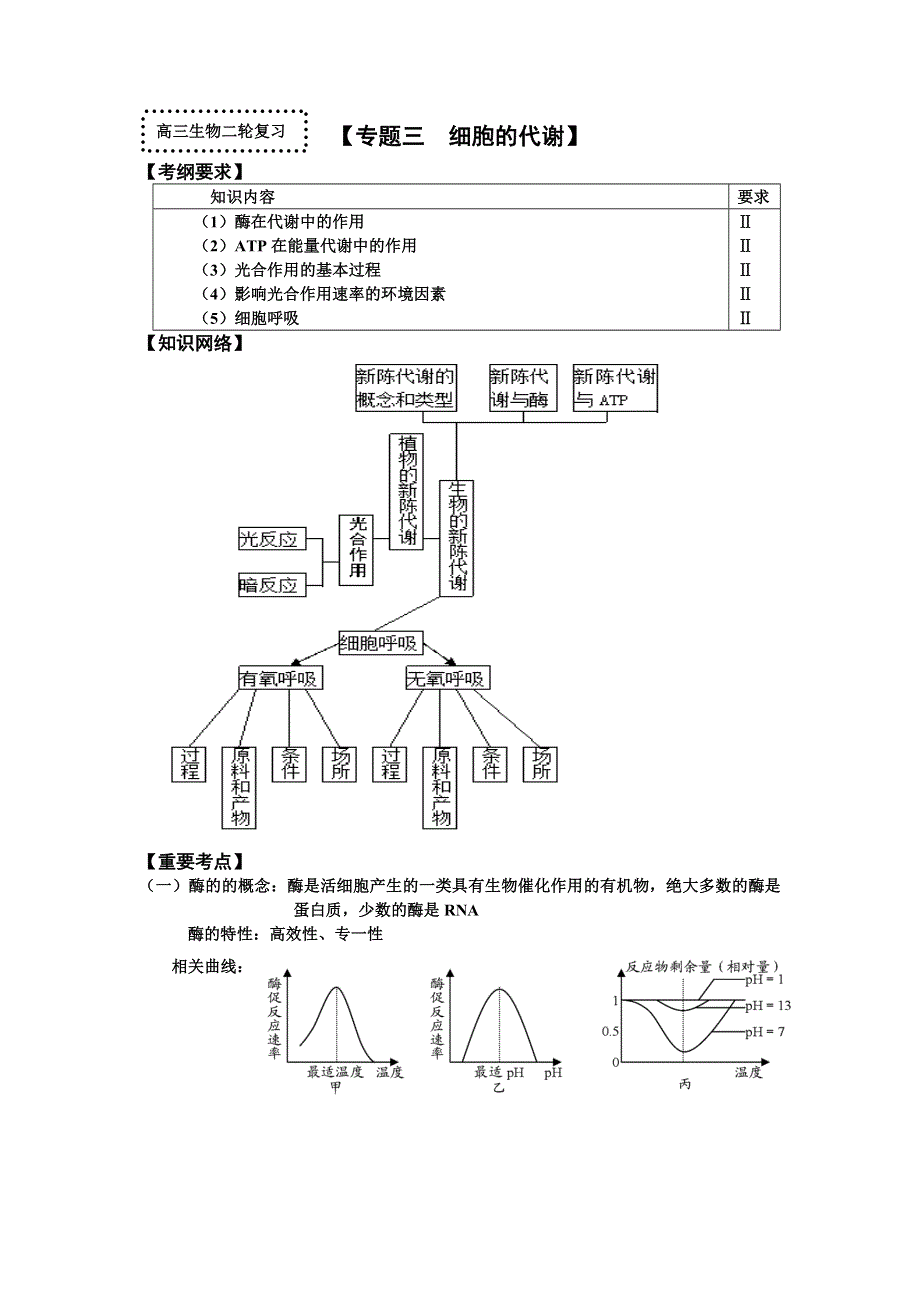 2014届高三生物二轮专题复习学案：专题三 细胞的代谢.doc_第1页
