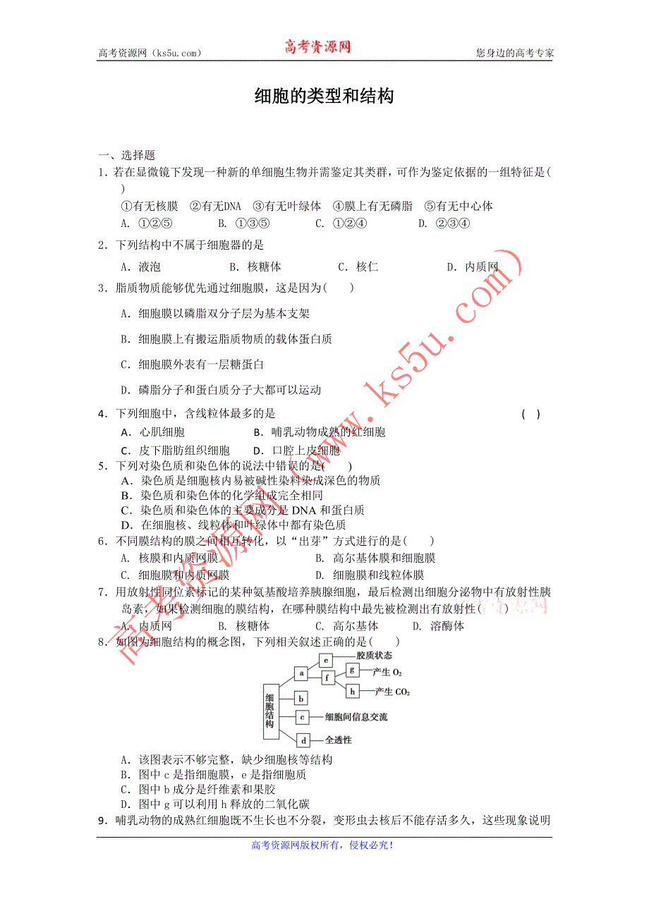 2012高一生物每课一练 3.2 细胞的类型和结构 14（苏教版必修1）.doc_第1页