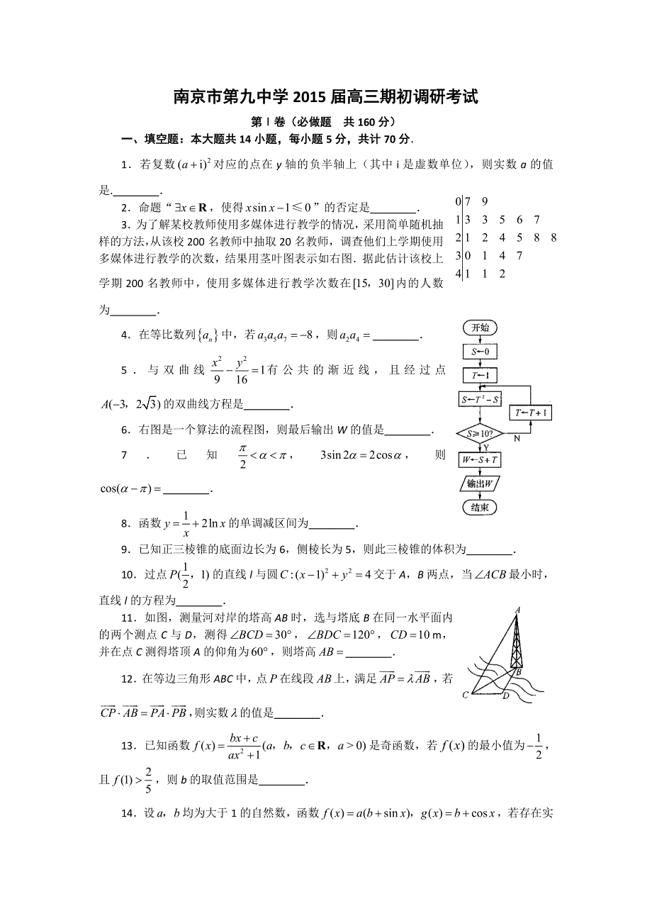 江苏省南京市第九中学2015届高三期初调研测试数学试题 WORD版含答案.doc_第1页