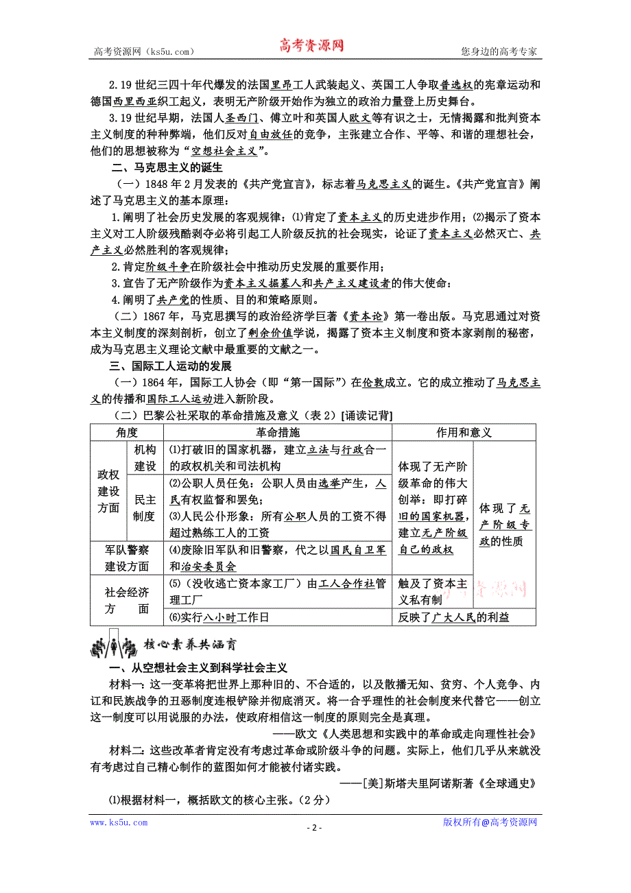 2019-2020学年历史新教材部编版必修中外历史纲要下 第11课　马克思主义的诞生与传播 学案 WORD版含答案.doc_第2页