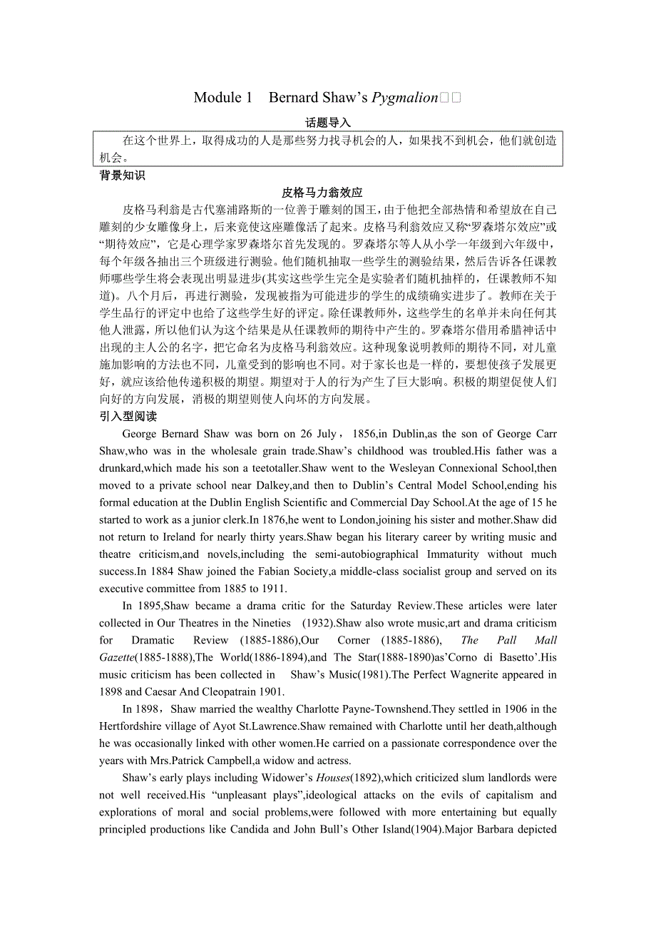 高二英语外研版选修9导入练习：MODULE1　BERNARDSHAW’SPYGMALION WORD版含解析.doc_第1页