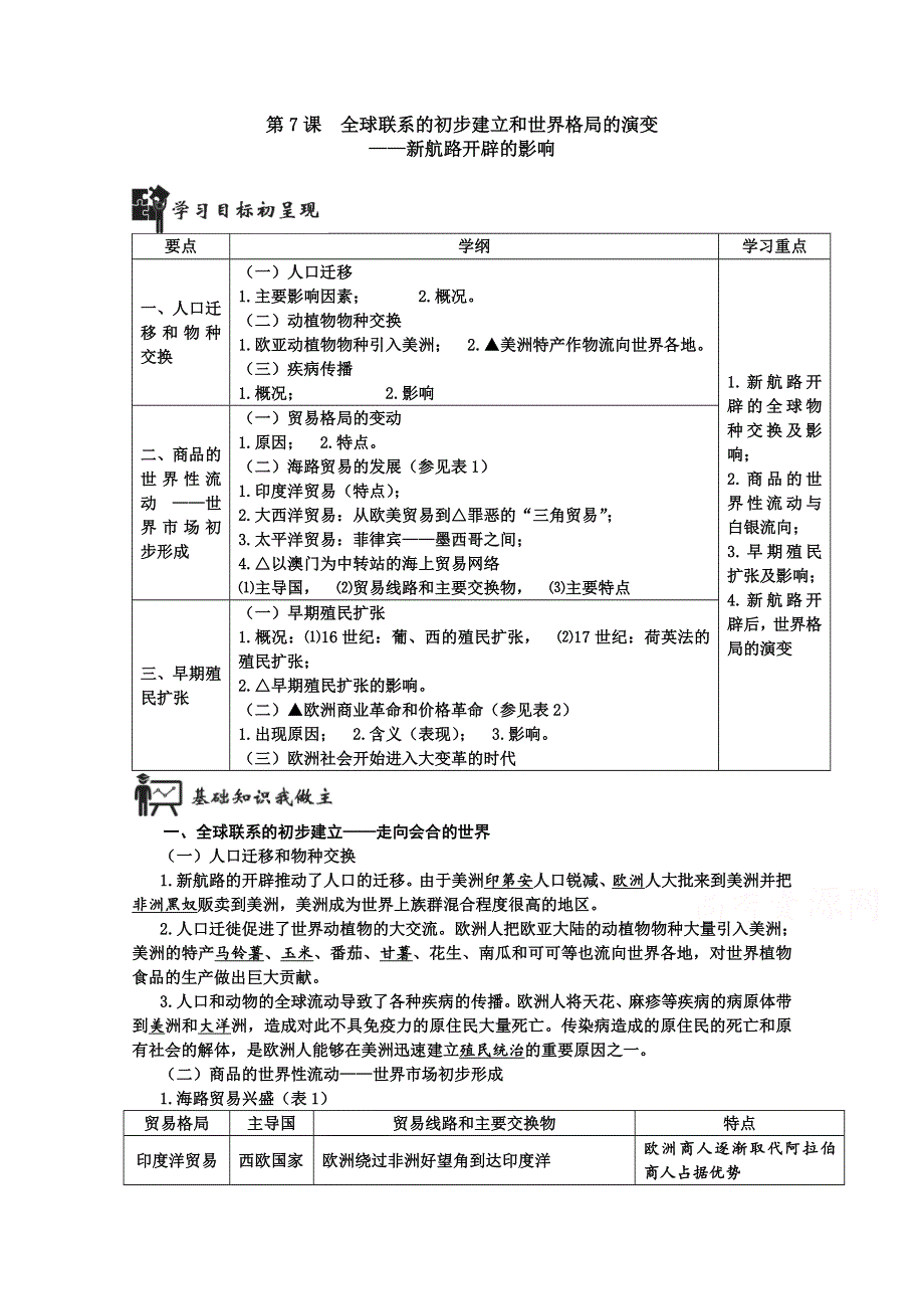 2019-2020学年历史新教材部编版必修中外历史纲要下 第7课 全球联系的初步建立和世界格局的演变 学案1 WORD版含答案.doc_第1页