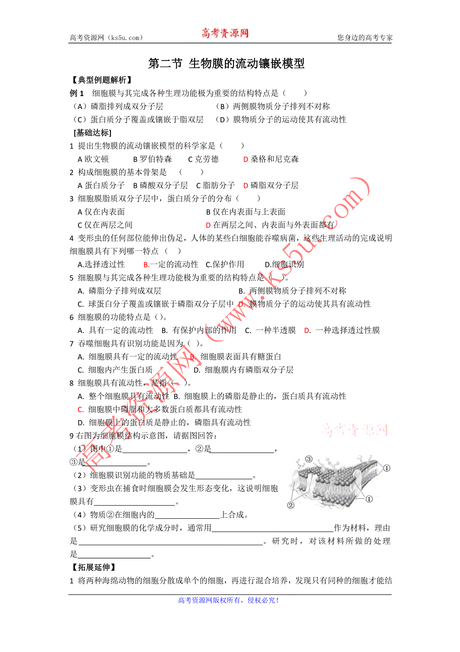 《名校推荐》山东省烟台第二中学人教版高一生物必修一 4.2 生物膜的流动镶嵌模型1（练习） WORD版含答案.doc_第1页