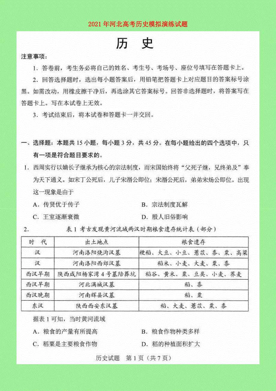 河北省2021年高考历史模拟演练试题（扫描版）.doc_第1页