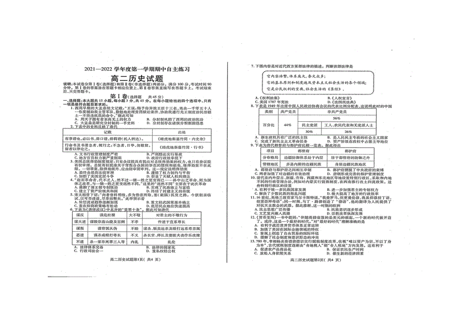 山东省烟台市2021-2022学年高二上学期期中考试历史试题 扫描版含答案.doc_第1页