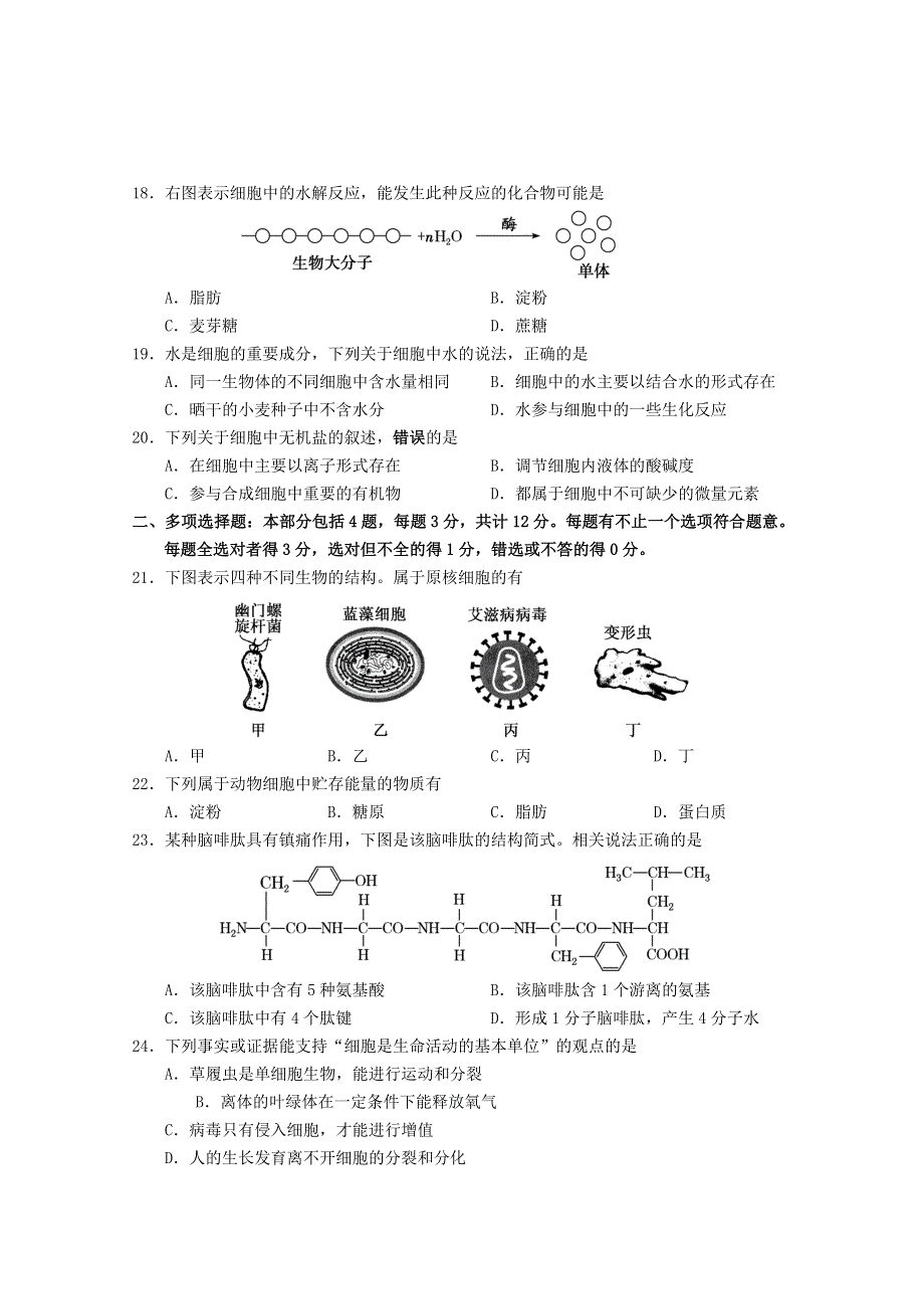 江苏省南京市第十三中学2020-2021学年高一生物上学期教学质量调研试题（一）.doc_第3页