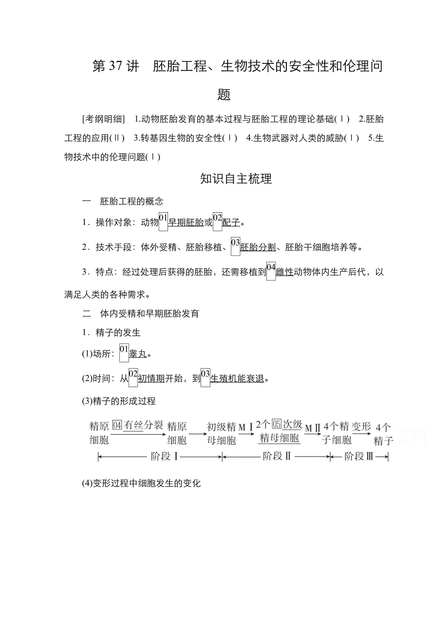 2021新高考生物选择性考试B方案一轮复习学案：第10单元　第37讲　胚胎工程、生物技术的安全性和伦理问题 WORD版含解析.doc_第1页