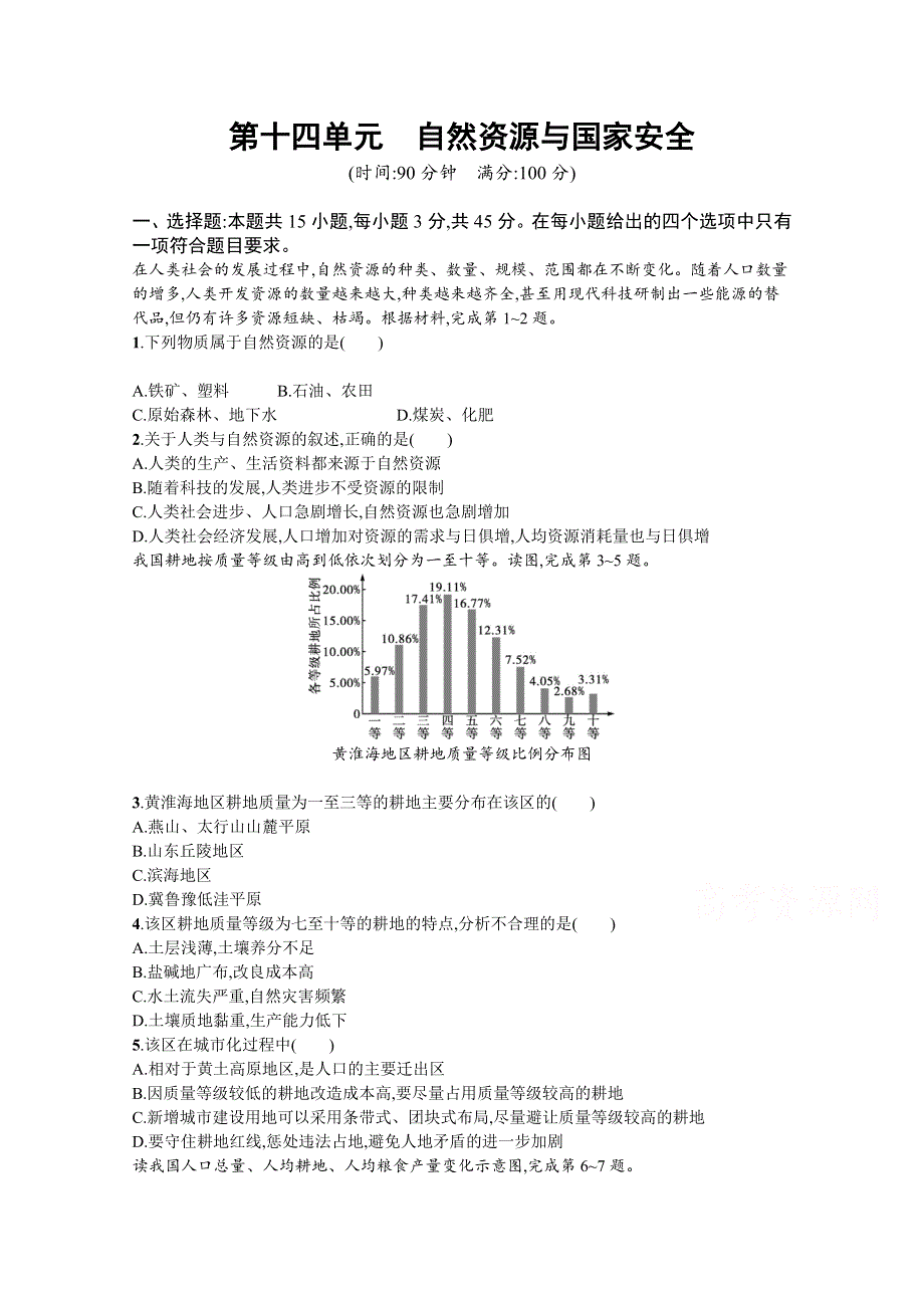 新教材2022届高考地理鲁教版一轮复习课时规范练：第十四单元　自然资源与国家安全 WORD版含解析.docx_第1页