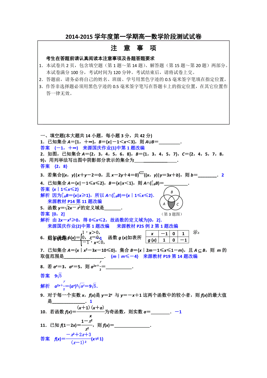 江苏省南京市金陵中学2014-2015学年高一10月阶段考试数学试题 WORD版含解析.doc_第1页