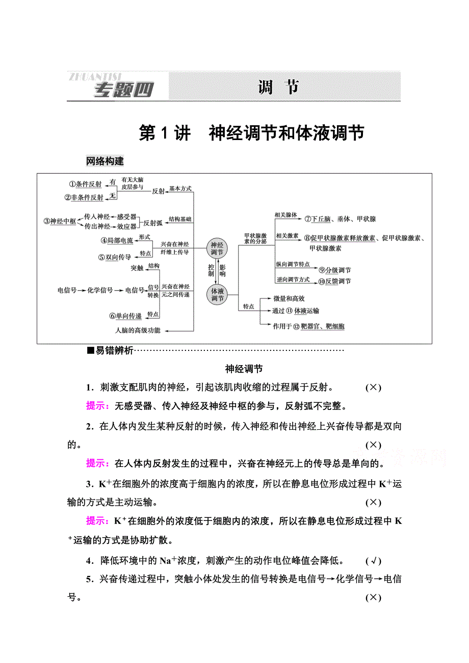 2021新高考生物（山东专用）二轮复习学案：第1部分 专题4 第1讲　神经调节和体液调节 WORD版含解析.doc_第1页