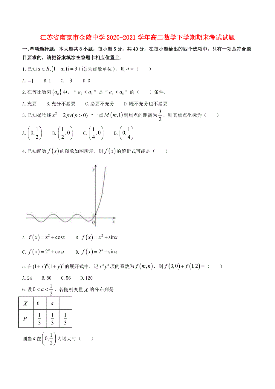 江苏省南京市金陵中学2020-2021学年高二数学下学期期末考试试题.doc_第1页