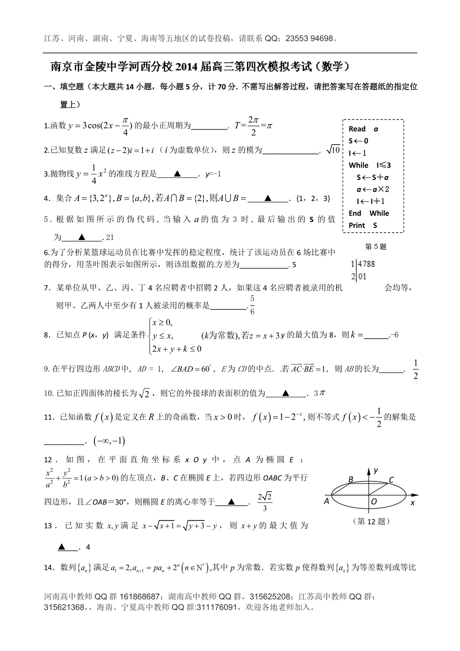 江苏省南京市金陵中学河西分校2014届高三第四次模拟考试数学试题 WORD版含答案.doc_第1页