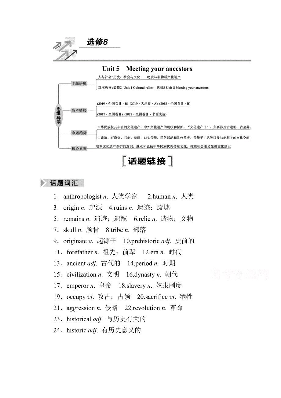 2021新高考英语一轮复习（山东专用）学案：选修8 UNIT 5　MEETING YOUR ANCESTORS WORD版含解析.doc_第1页