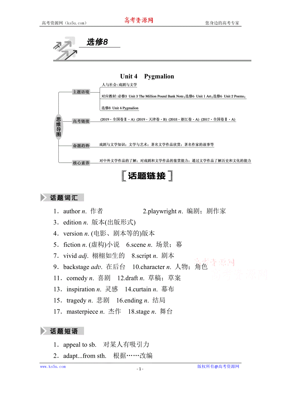 2021新高考英语一轮复习（山东专用）学案：选修8 UNIT 4　PYGMALION WORD版含解析.doc_第1页