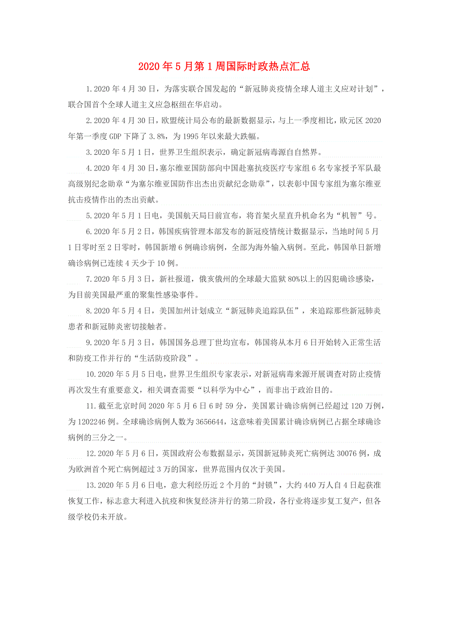 高中政治每日时事 2020年5月第1周国际时政热点汇总素材.docx_第1页