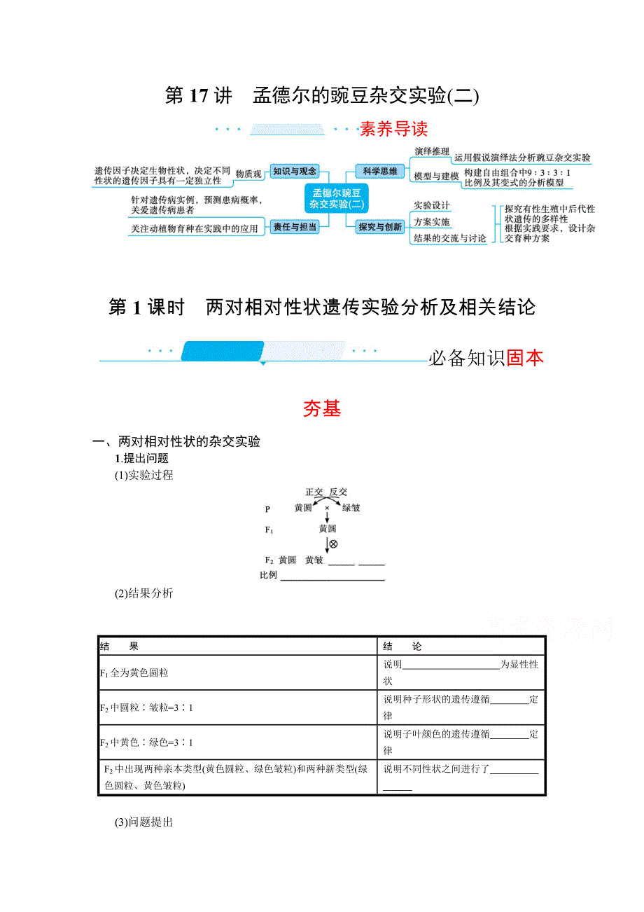 新教材2022届高考生物人教版一轮复习学案：第17讲　第1课时　两对相对性状遗传实验分析及相关结论 WORD版含答案.docx_第1页