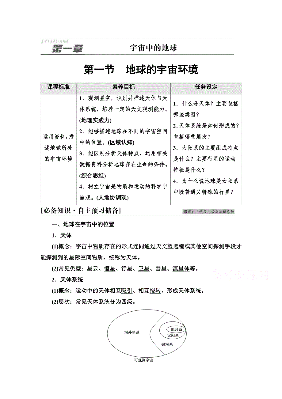 2021-2022学年新教材人教版地理必修第一册学案：第1章 第1节　地球的宇宙环境 WORD版含解析.doc_第1页