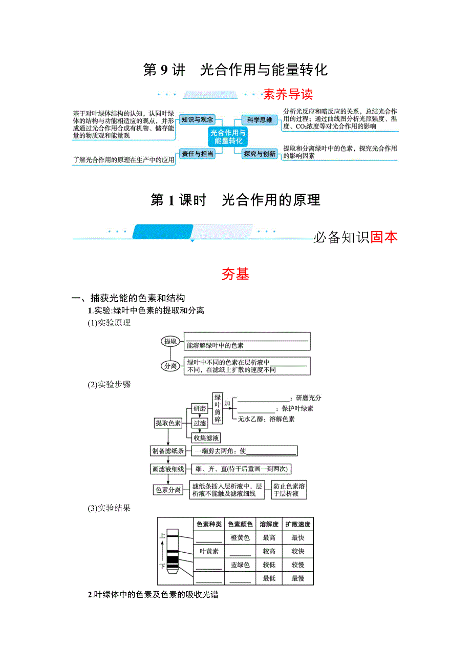 新教材2022届高考生物人教版一轮复习学案：第9讲　第1课时　光合作用的原理 WORD版含答案.docx_第1页