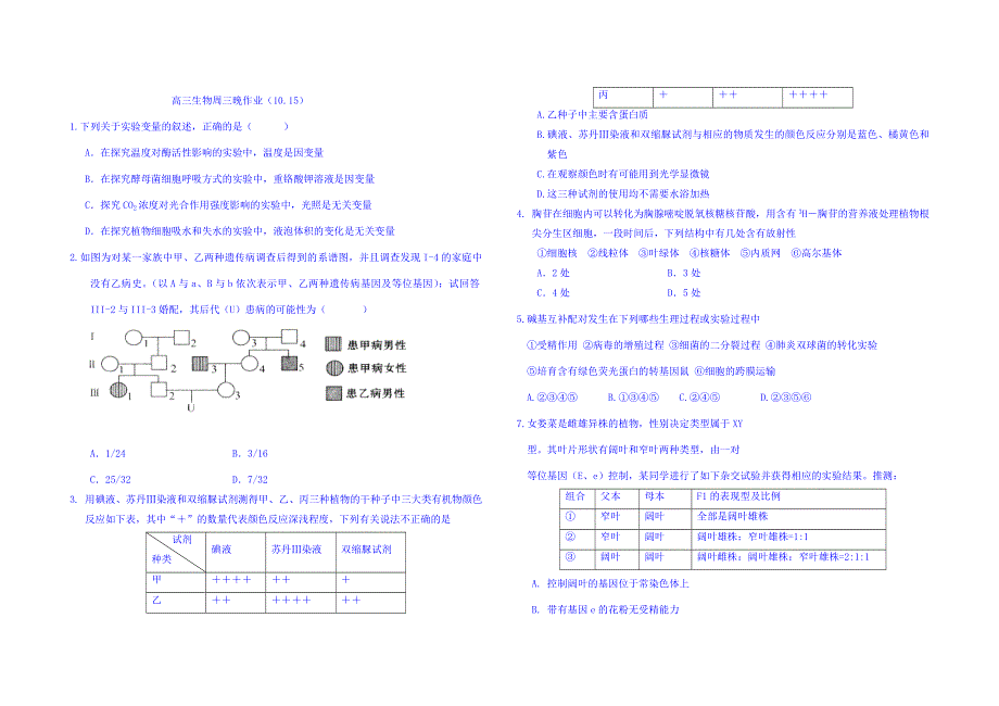 山东省牟平第一中学2016届高三生物周三晚作业10.15 WORD版含答案.doc_第1页