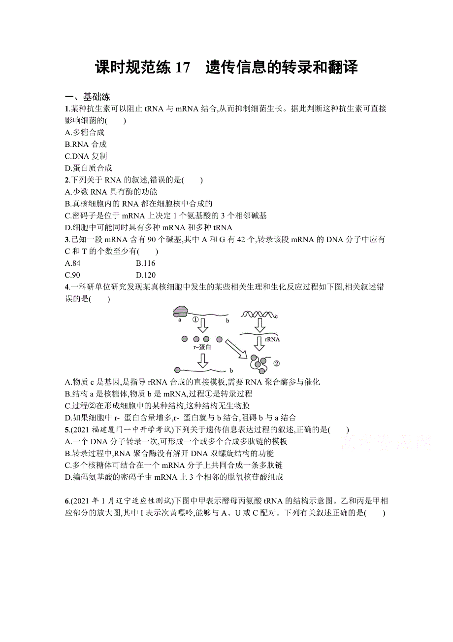 新教材2022届高考生物人教版一轮复习课时规范练17　遗传信息的转录和翻译 WORD版含解析.docx_第1页