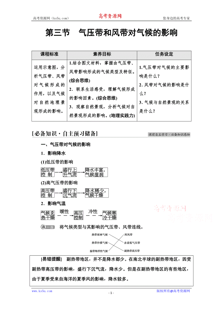 2021-2022学年新教材人教版地理选择性必修1学案：第3章 第3节　气压带和风带对气候的影响 WORD版含答案.doc_第1页