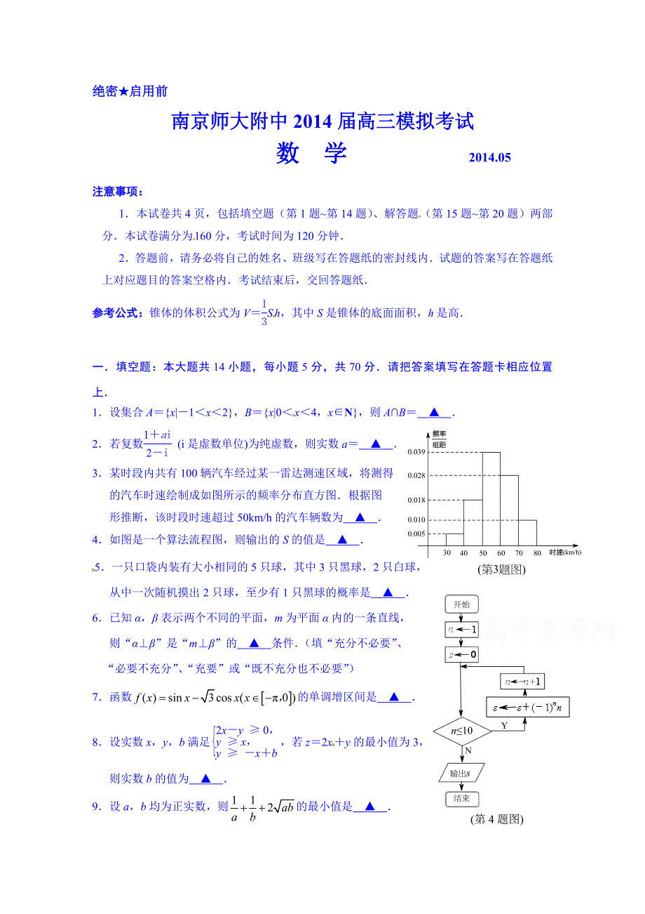 江苏省南京师范大学附属中学2014届高三模拟考试数学试题 WORD版含答案.doc_第1页